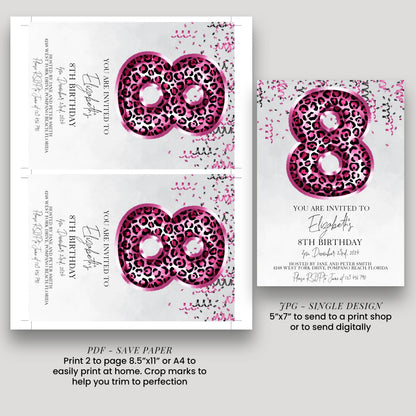 a birthday invitation for a girl's 8th birthday, featuring a leopard print design and pink and white colors.