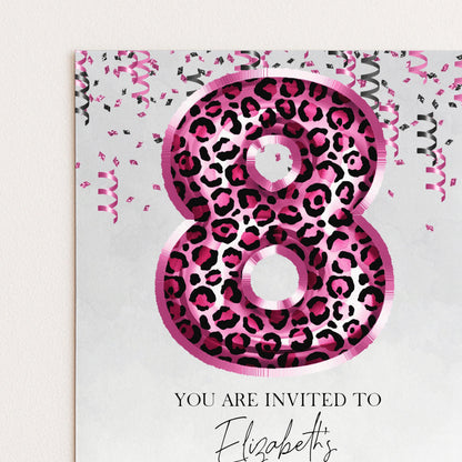 a large number 8 with a leopard print design, surrounded by pink confetti and the text "You are invited to Elizabeth's"