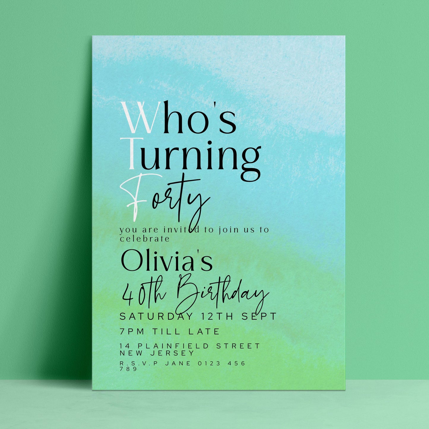 The image is a birthday invitation for a 40th birthday celebration for a person named Olivia.