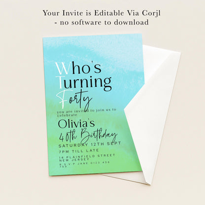 The image is a birthday invitation for a 40th birthday celebration for a person named Olivia.