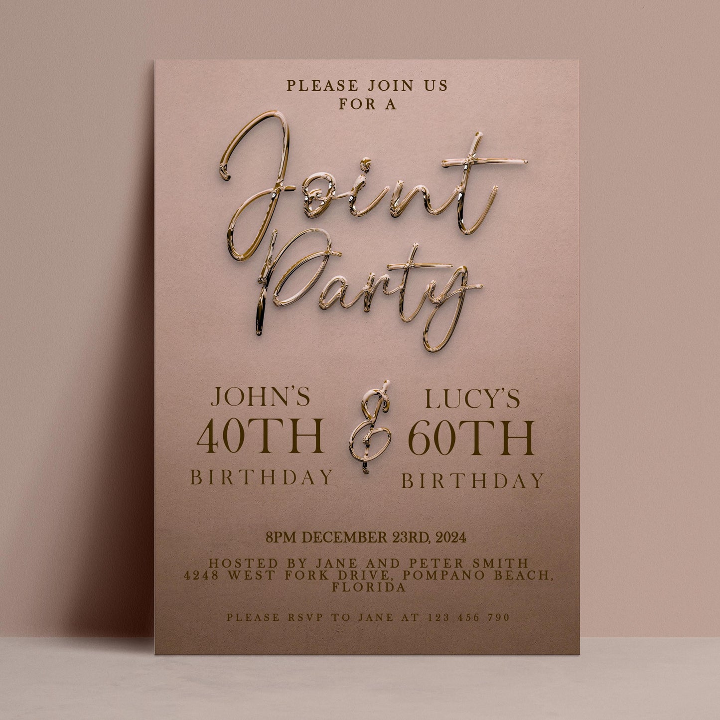 The image is a birthday party invitation for John and Lucy's 40th and 60th birthdays.