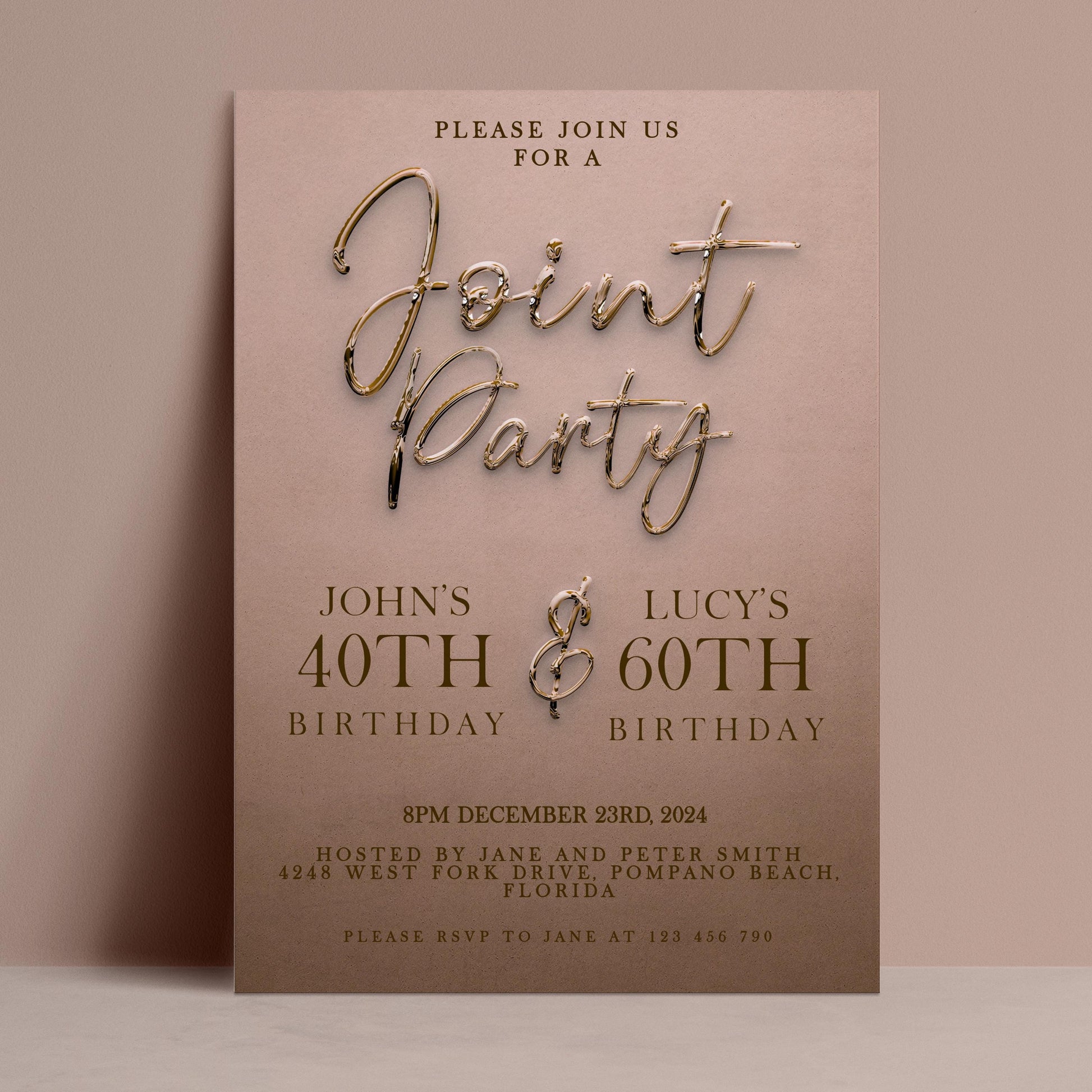 The image is a birthday party invitation for John and Lucy's 40th and 60th birthdays.