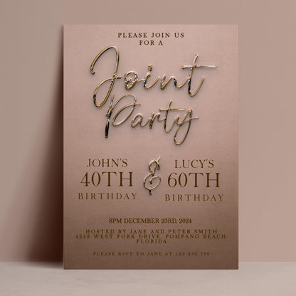 The image is a birthday party invitation for John and Lucy's 40th and 60th birthdays.