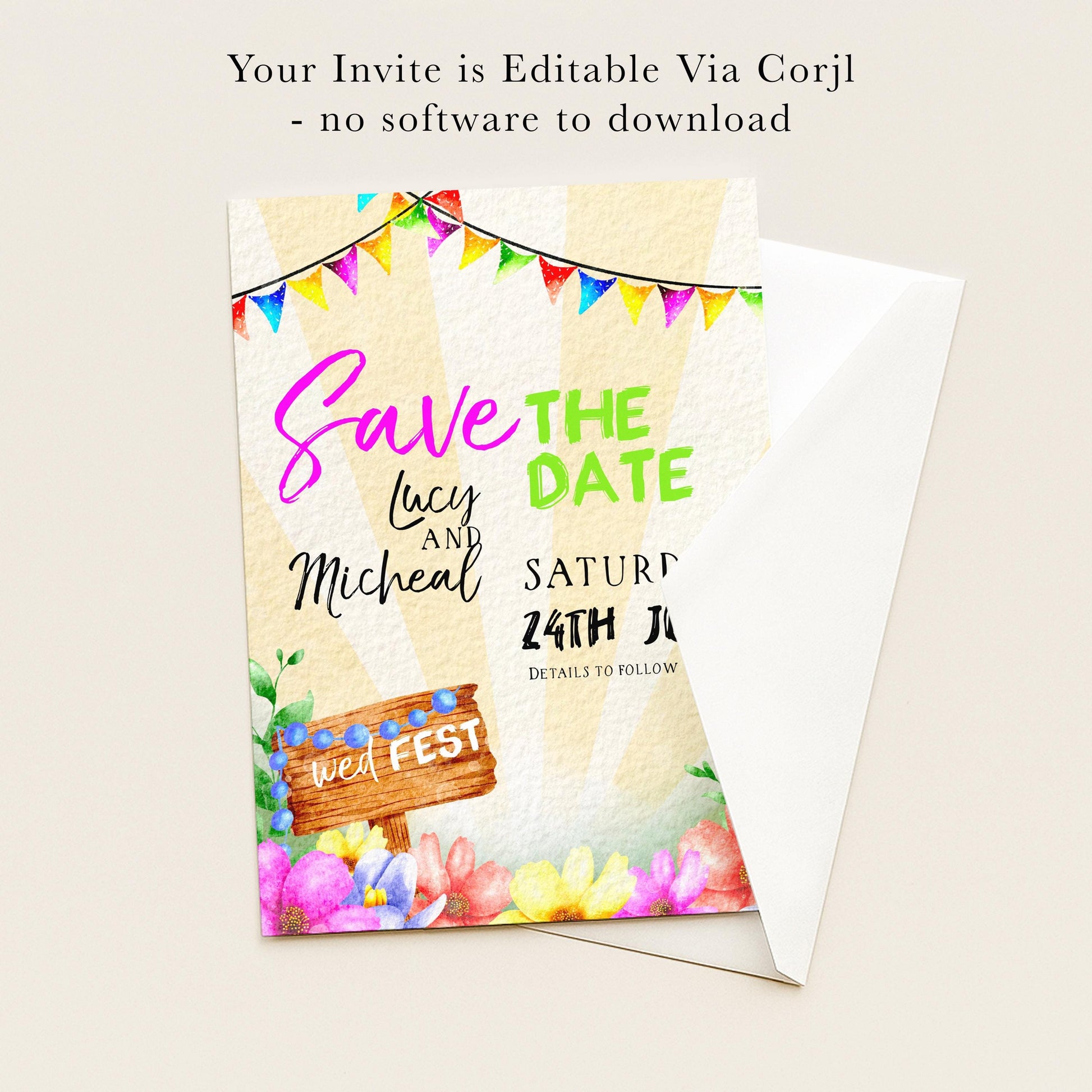 The image is a colorful wedding invitation card with decorative elements such as bunting, flowers, and a wooden sign. The text on the card reads "Save the date" and "WED FEST".