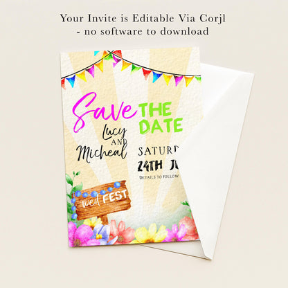 The image is a colorful wedding invitation card with decorative elements such as bunting, flowers, and a wooden sign. The text on the card reads "Save the date" and "WED FEST".