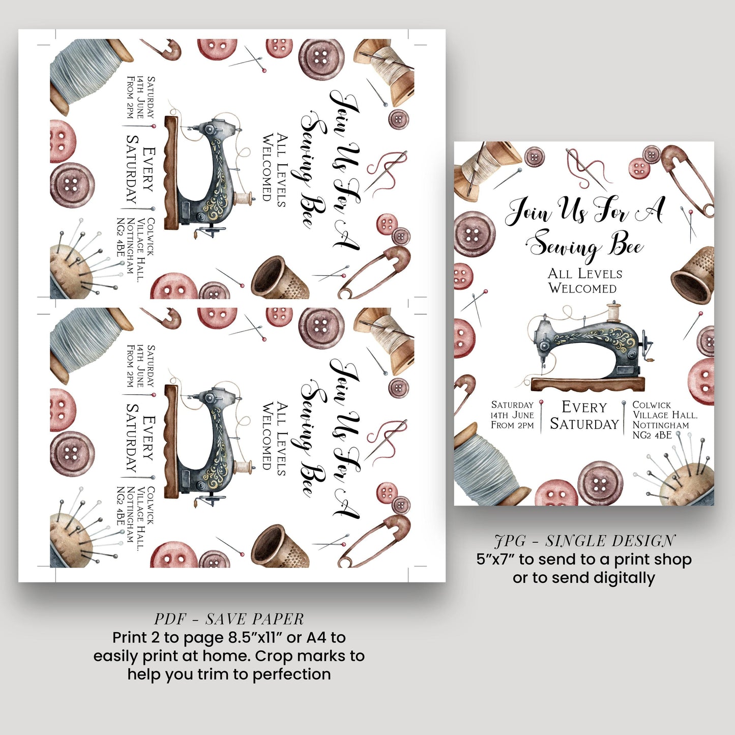 The image is a collage of two different designs for a sewing bee invitation. The first design features a sewing machine surrounded by sewing-related items such as buttons, pins, and needles, while the second design includes a sewing bee theme with sewing-related items like a sewing machine, scissors, and pins. The image also includes text that provides details about the sewing bee event, such as the date, time, location, and dress code.