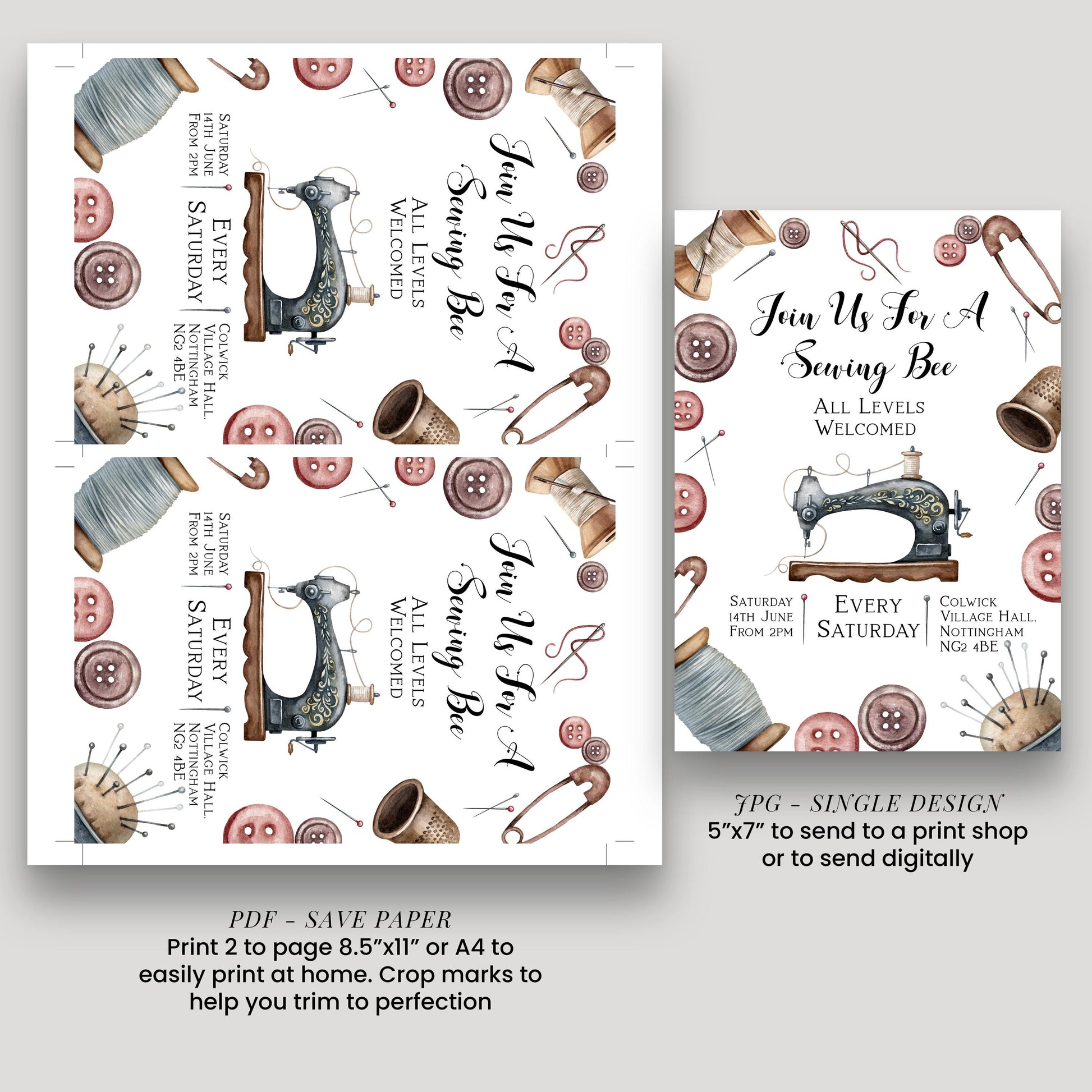 The image is a collage of two different designs for a sewing bee invitation. The first design features a sewing machine surrounded by sewing-related items such as buttons, pins, and needles, while the second design includes a sewing bee theme with sewing-related items like a sewing machine, scissors, and pins. The image also includes text that provides details about the sewing bee event, such as the date, time, location, and dress code.