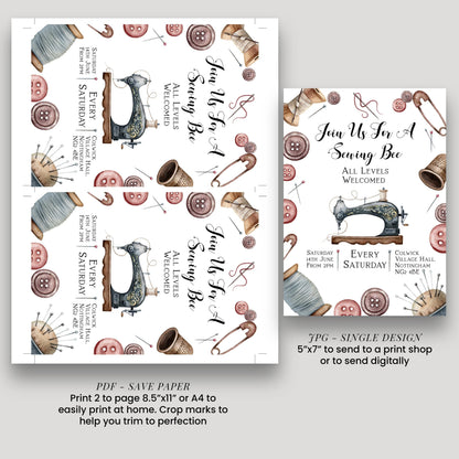 The image is a collage of two different designs for a sewing bee invitation. The first design features a sewing machine surrounded by sewing-related items such as buttons, pins, and needles, while the second design includes a sewing bee theme with sewing-related items like a sewing machine, scissors, and pins. The image also includes text that provides details about the sewing bee event, such as the date, time, location, and dress code.