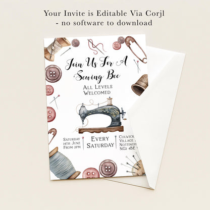 The image is a sewing-themed invitation card with various sewing-related elements such as buttons, spools of thread, and a sewing machine. The text invites guests to a sewing bee event, which is every Saturday from June 14th to June 2nd. The event is taking place at the Colwick Village in Nottingham, England, and is open to all levels.