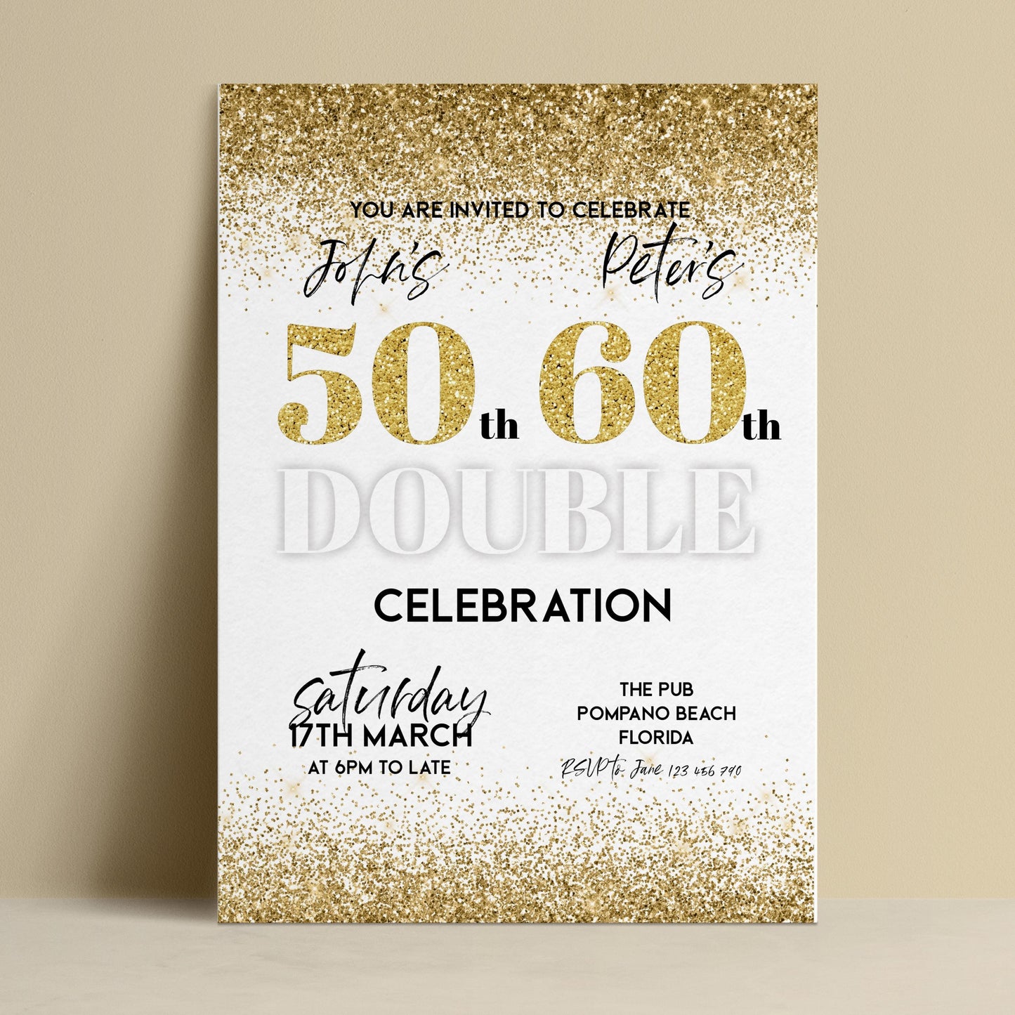 The image is a 50th birthday party invitation for John and Peter, celebrating their 50th anniversary.