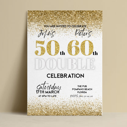 The image is a 50th birthday party invitation for John and Peter, celebrating their 50th anniversary.