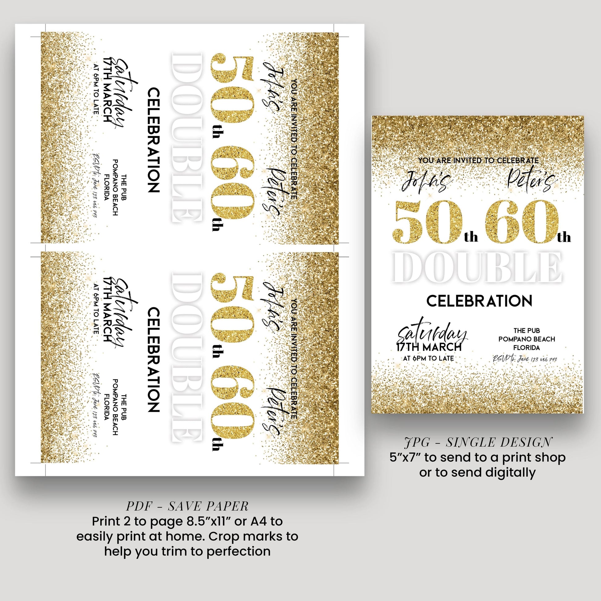 a set of invitation cards for a 50th birthday celebration. The cards feature a gold glitter design and text that includes details about the event, such as the date, time, location, and other relevant information.