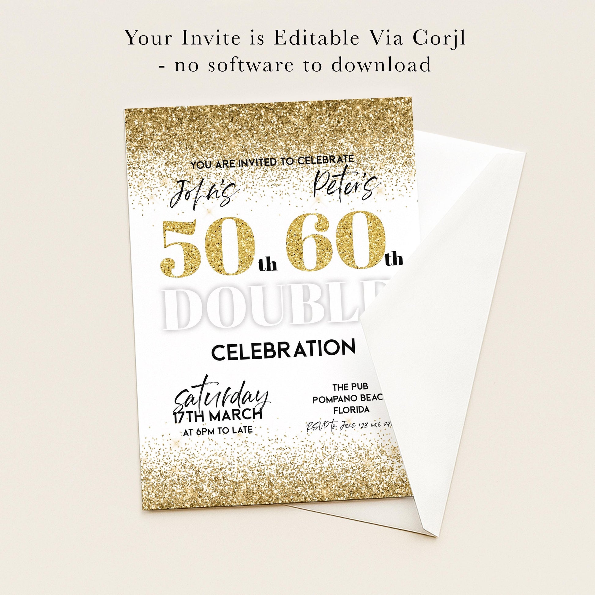 The image is a 50th birthday celebration invitation for Joas Peter, which is not a software-free event.