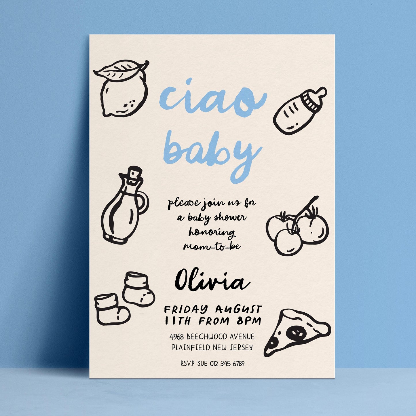 The image is a baby shower invitation featuring a blue background with various baby-related illustrations and text.