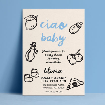 The image is a baby shower invitation featuring a blue background with various baby-related illustrations and text.