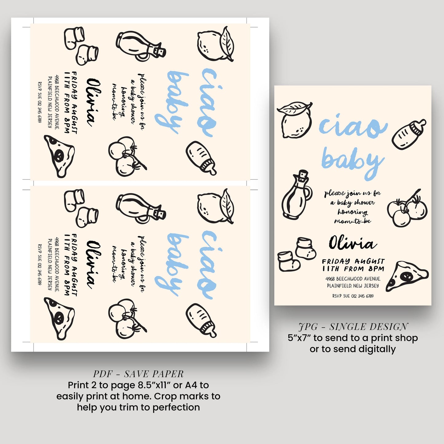 a baby shower invitation design featuring various baby-related items such as bottles, apples, and a baby bottle. The invitation is printed on a beige background and includes text and illustrations related to a baby shower.