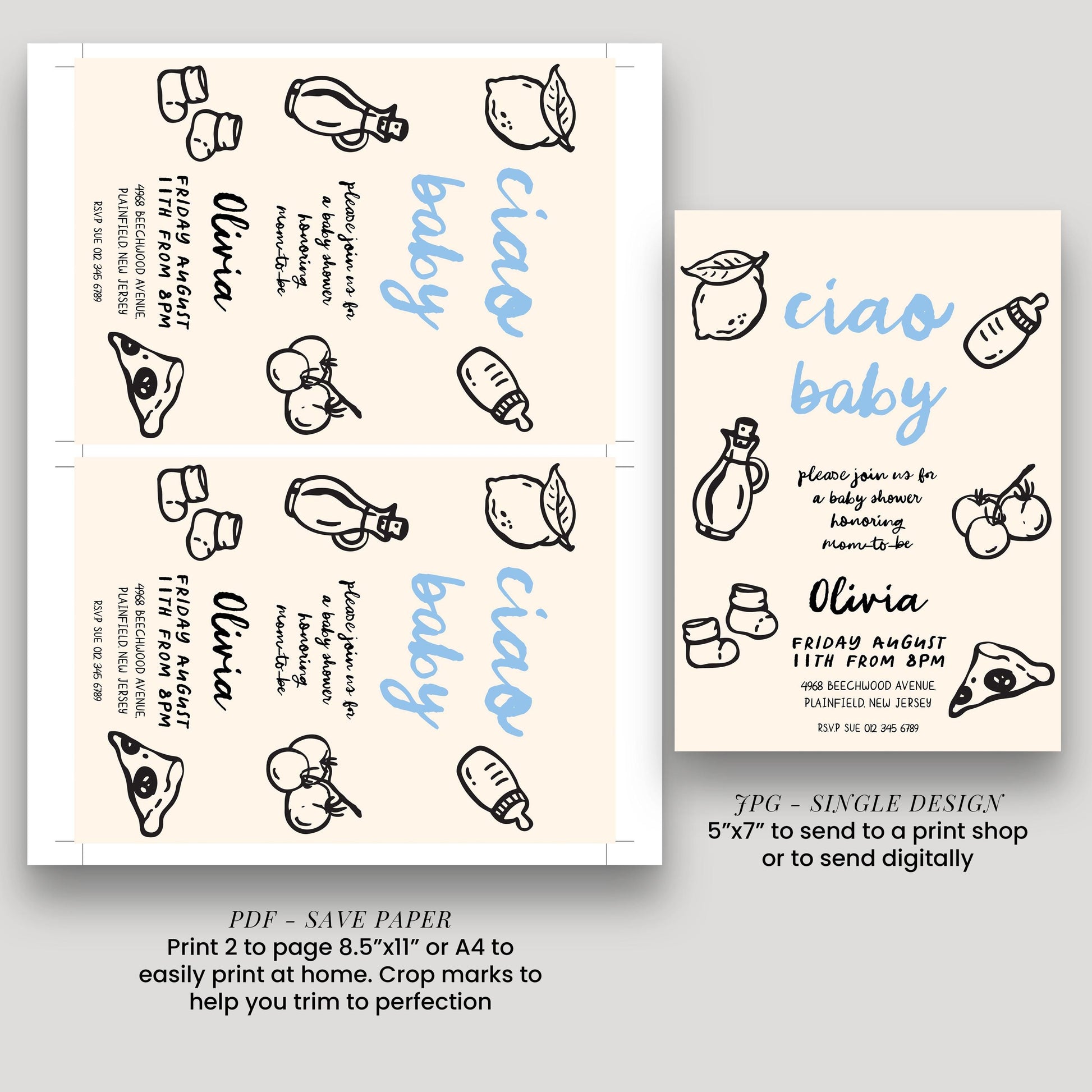 a baby shower invitation design featuring various baby-related items such as bottles, apples, and a baby bottle. The invitation is printed on a beige background and includes text and illustrations related to a baby shower.