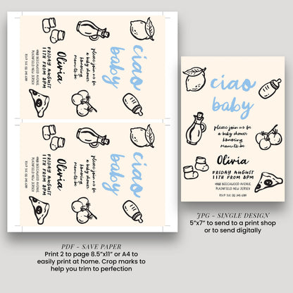 a baby shower invitation design featuring various baby-related items such as bottles, apples, and a baby bottle. The invitation is printed on a beige background and includes text and illustrations related to a baby shower.