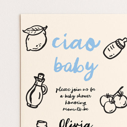 The image is a baby shower invitation featuring illustrations of a lemon, a baby bottle, and tomatoes, along with the text "ciao baby" and "Please join us for a baby shower honoring mom-to-be Olivia".