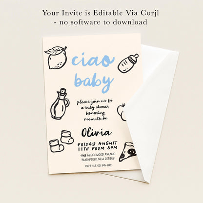 The image is a baby shower invitation for a baby named Olivia. The invitation is for a baby shower, and it is available for download.