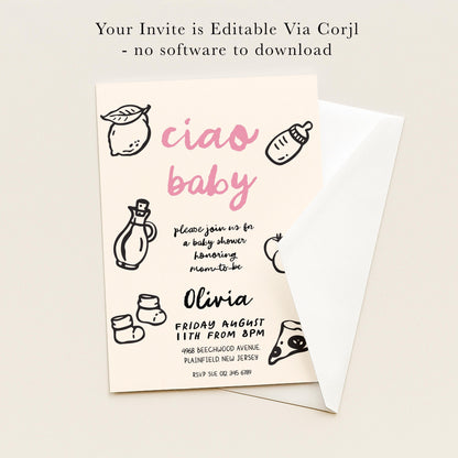 The image is a baby shower invitation for a baby named Olivia. The invitation is for a baby shower, and it is available for download.
