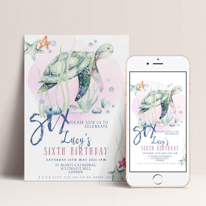 The image is a birthday invitation for a six-year-old named Lucy, featuring a watercolor illustration of a sea turtle and other marine life.