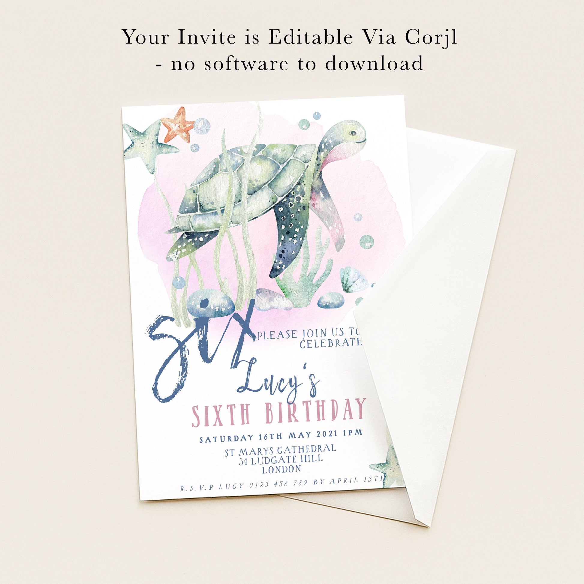 The image is a birthday invitation for a six-year-old named Lucy, featuring a turtle and other sea-themed elements.