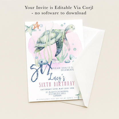 The image is a birthday invitation for a six-year-old named Lucy, featuring a turtle and other sea-themed elements.