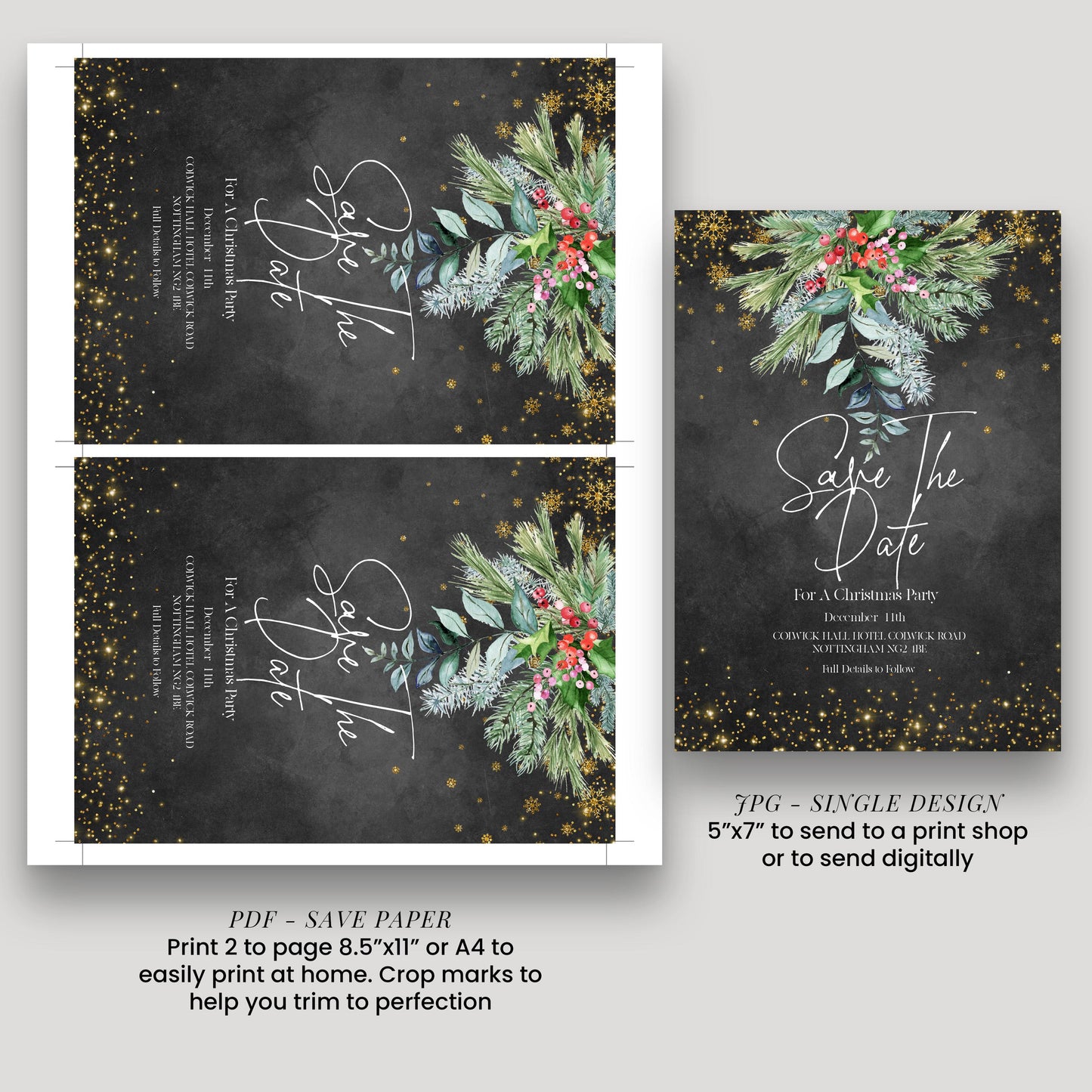 a save-the-date card for a Christmas party, featuring a black background with a floral design and gold glitter accents. The card is designed for a print shop or digital distribution, and it includes instructions for printing and sending the card.