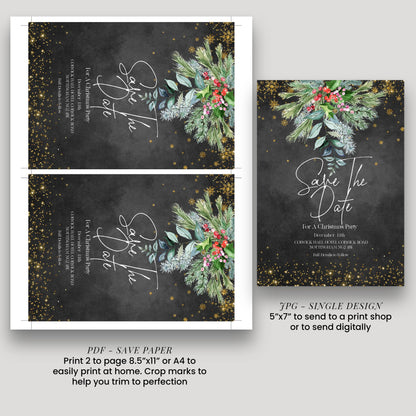 a save-the-date card for a Christmas party, featuring a black background with a floral design and gold glitter accents. The card is designed for a print shop or digital distribution, and it includes instructions for printing and sending the card.