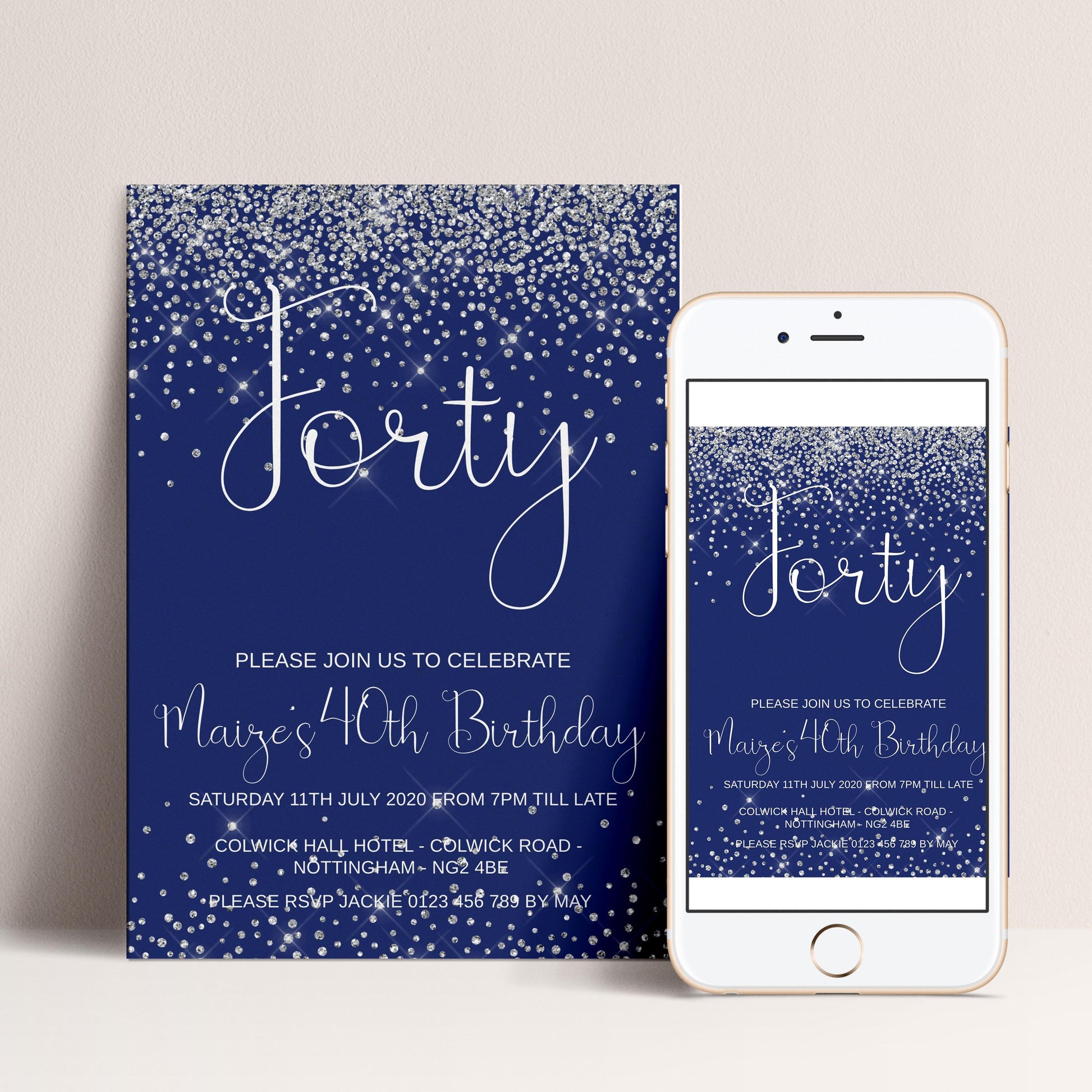 a birthday invitation for Maize's 40th birthday, with a blue background and silver glitter. The invitation invites guests to join the celebration and provides details about the event, including the date, time, location, and contact information.