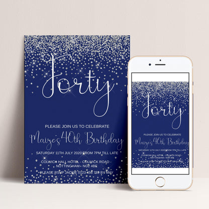 a birthday invitation for Maize's 40th birthday, with a blue background and silver glitter. The invitation invites guests to join the celebration and provides details about the event, including the date, time, location, and contact information.