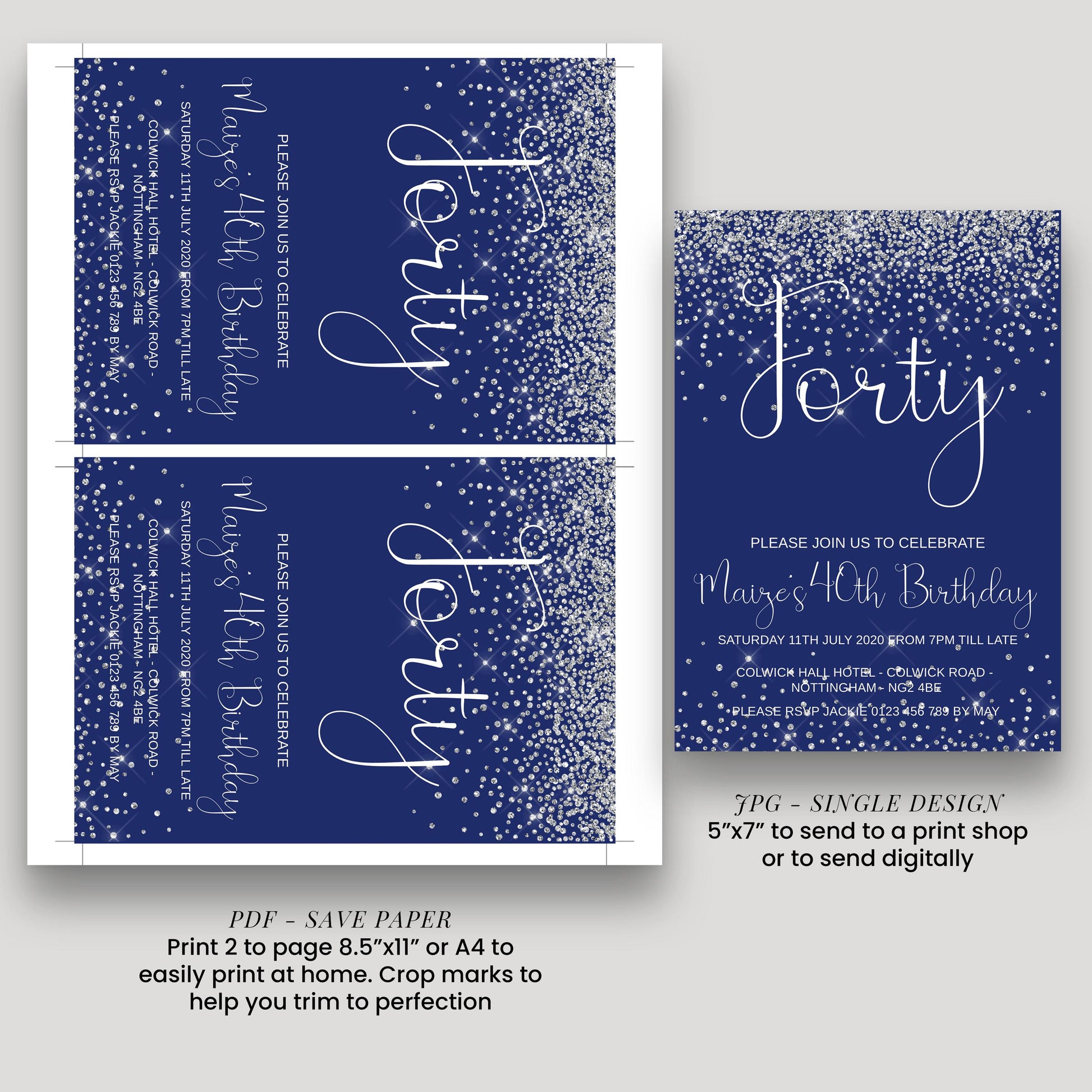 two blue and white invitation cards for a 40th birthday celebration. The cards feature the word "Fifty" and are printed in a single design. The text on the cards includes details about the event, such as the date, time, location, and RSVP instructions. The cards are designed to be printed on paper, with instructions to print 2 to page 8.5"×11" or 4"×4" to trim to perfection.