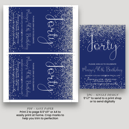 two blue and white invitation cards for a 40th birthday celebration. The cards feature the word "Fifty" and are printed in a single design. The text on the cards includes details about the event, such as the date, time, location, and RSVP instructions. The cards are designed to be printed on paper, with instructions to print 2 to page 8.5"×11" or 4"×4" to trim to perfection.