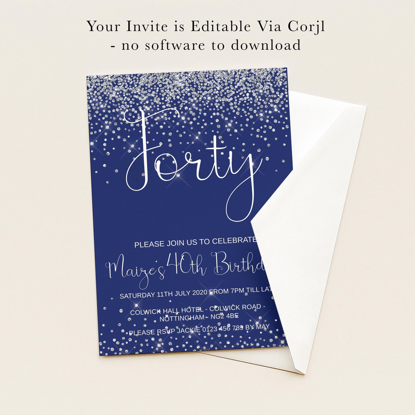The image is a birthday invitation for Maize's 40th birthday, featuring a blue background with white glitter and the text " Forty" prominently displayed.