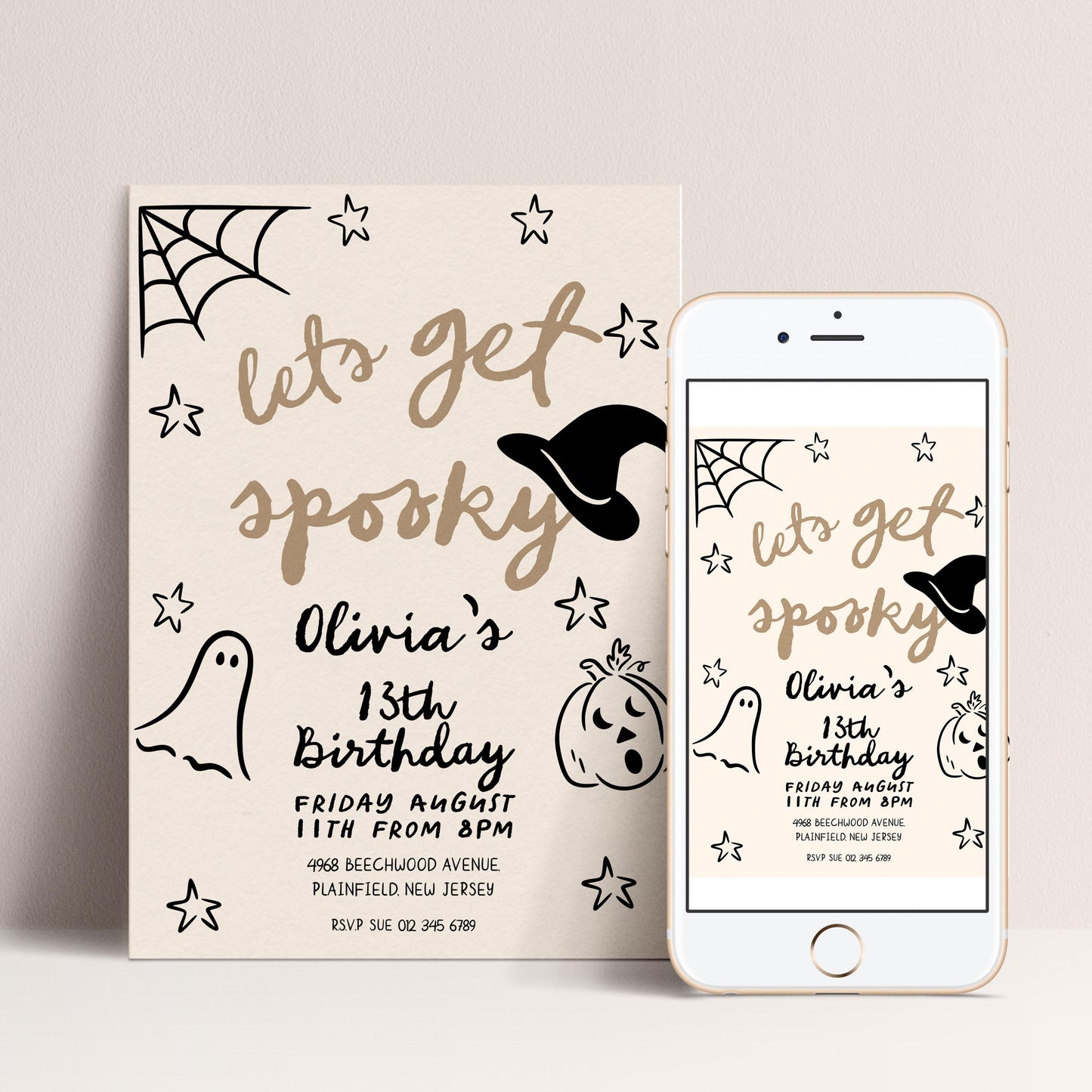 A Halloween-themed birthday party invitation for a girl named Olivia, with a witch's hat and spider web design.