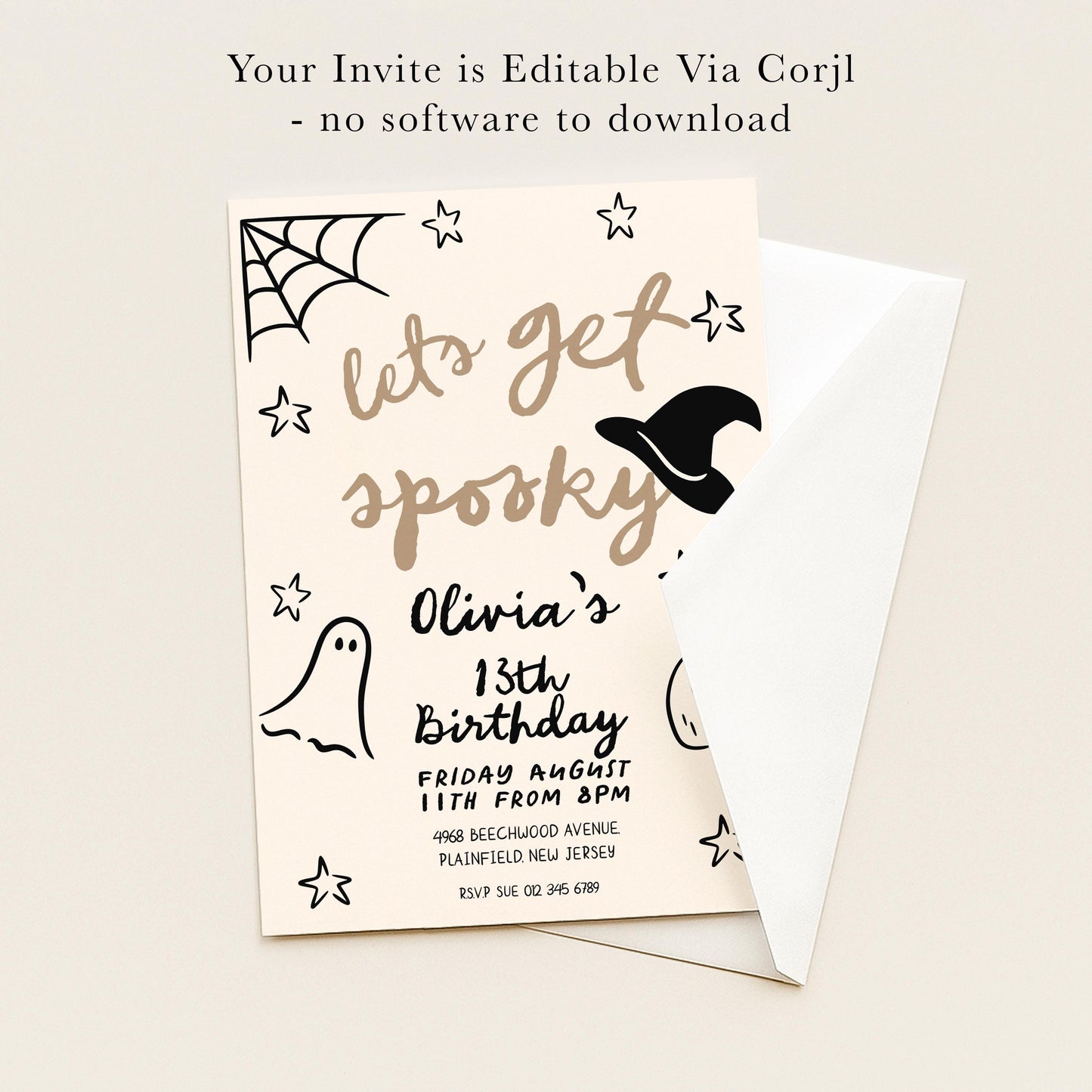 The image is a Halloween-themed invitation card for an event, featuring a witch's hat, spider web, stars, and text that reads "Let's get spooky!"