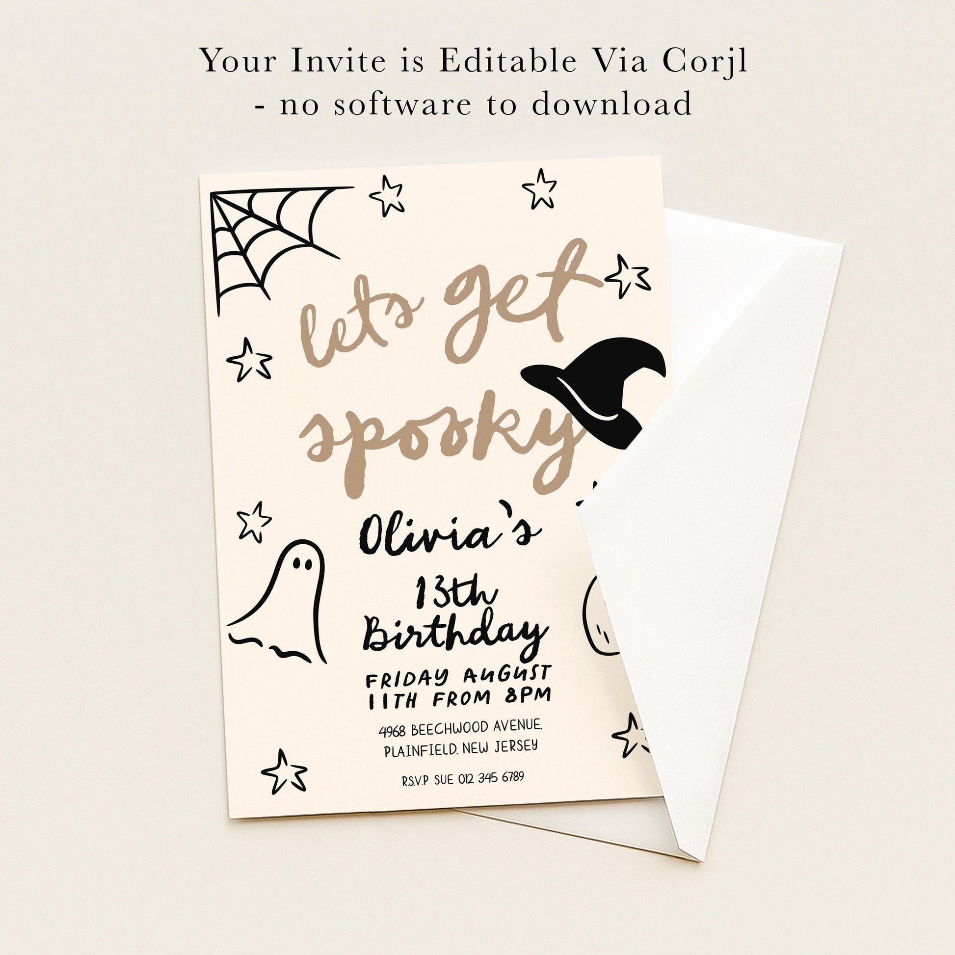 The image is a Halloween-themed invitation card for an event, featuring a witch's hat, spider web, stars, and text that reads "Let's get spooky!"