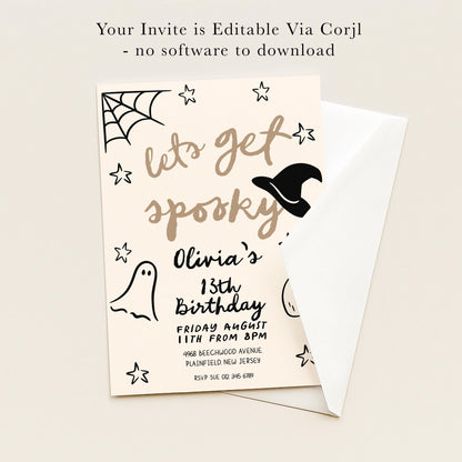 The image is a Halloween-themed invitation card for an event, featuring a witch's hat, spider web, stars, and text that reads "Let's get spooky!"