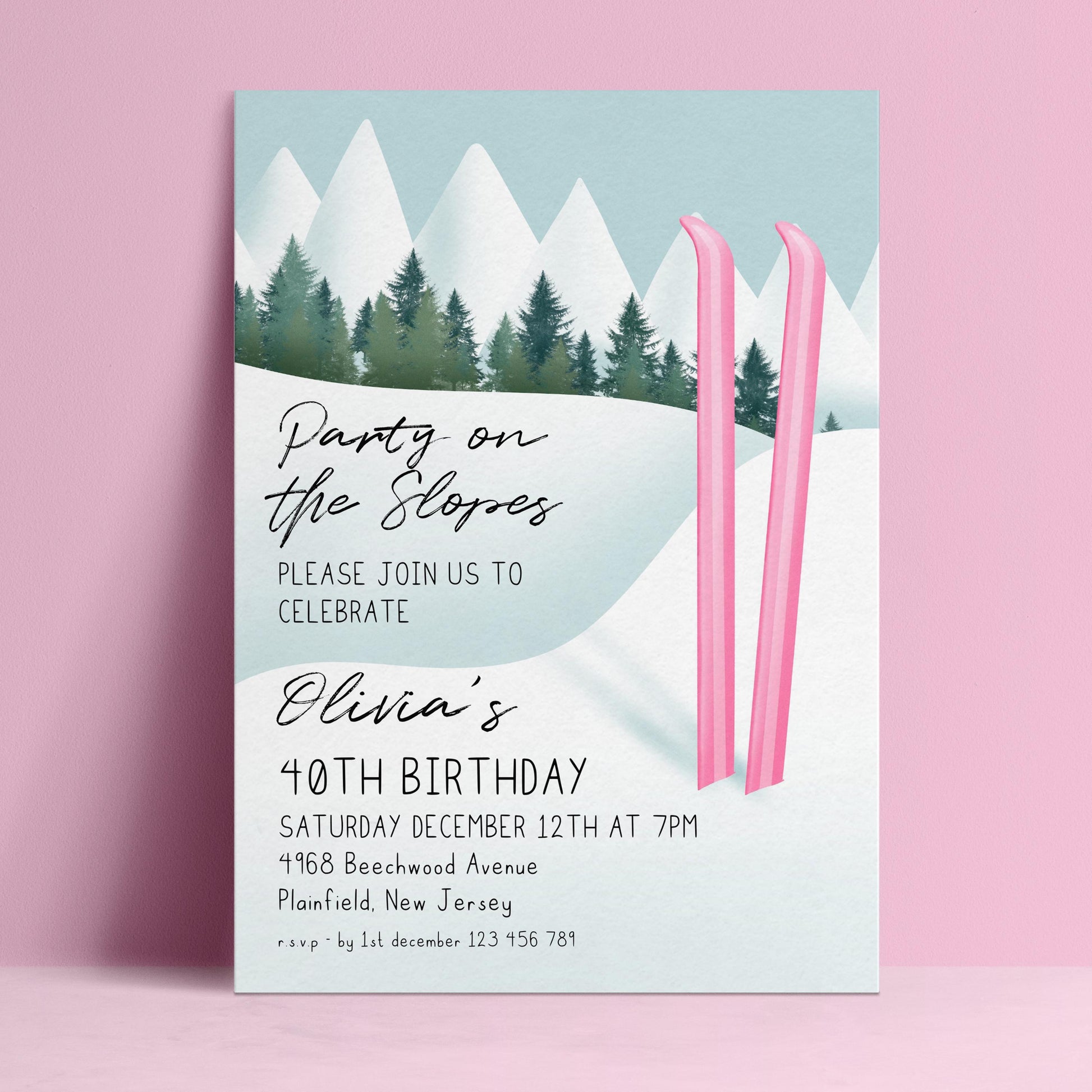 The image is a birthday party invitation for a girl named Olivia, celebrating her 40th birthday. The invitation features a winter scene with pink skis and a snowy mountain landscape.