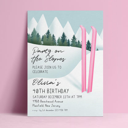 The image is a birthday party invitation for a girl named Olivia, celebrating her 40th birthday. The invitation features a winter scene with pink skis and a snowy mountain landscape.