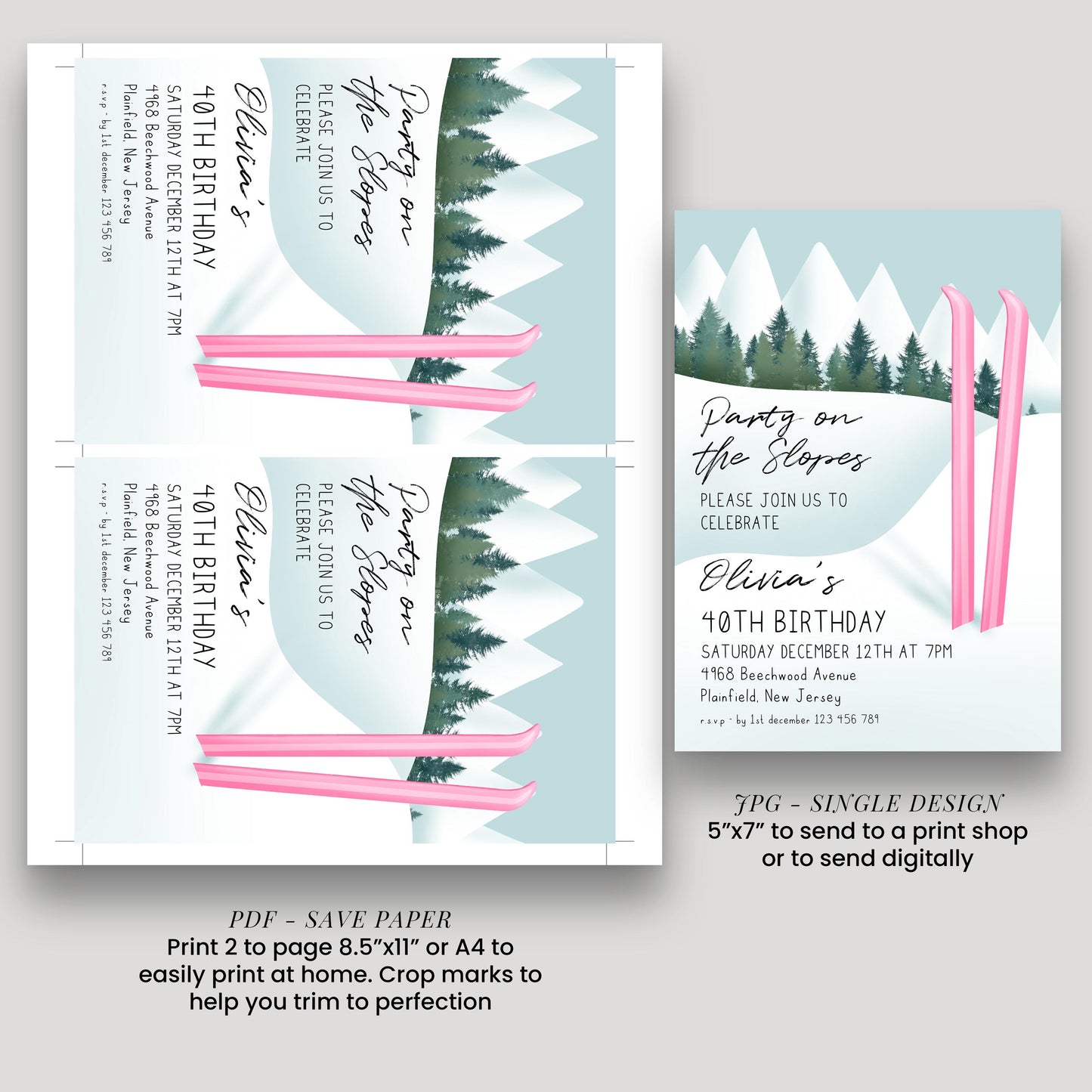 a birthday party invitation for a 40th birthday celebration. The invitation features a winter landscape with pine trees and snow, and it includes details about the party, such as the date, time, location, and RSVP information.