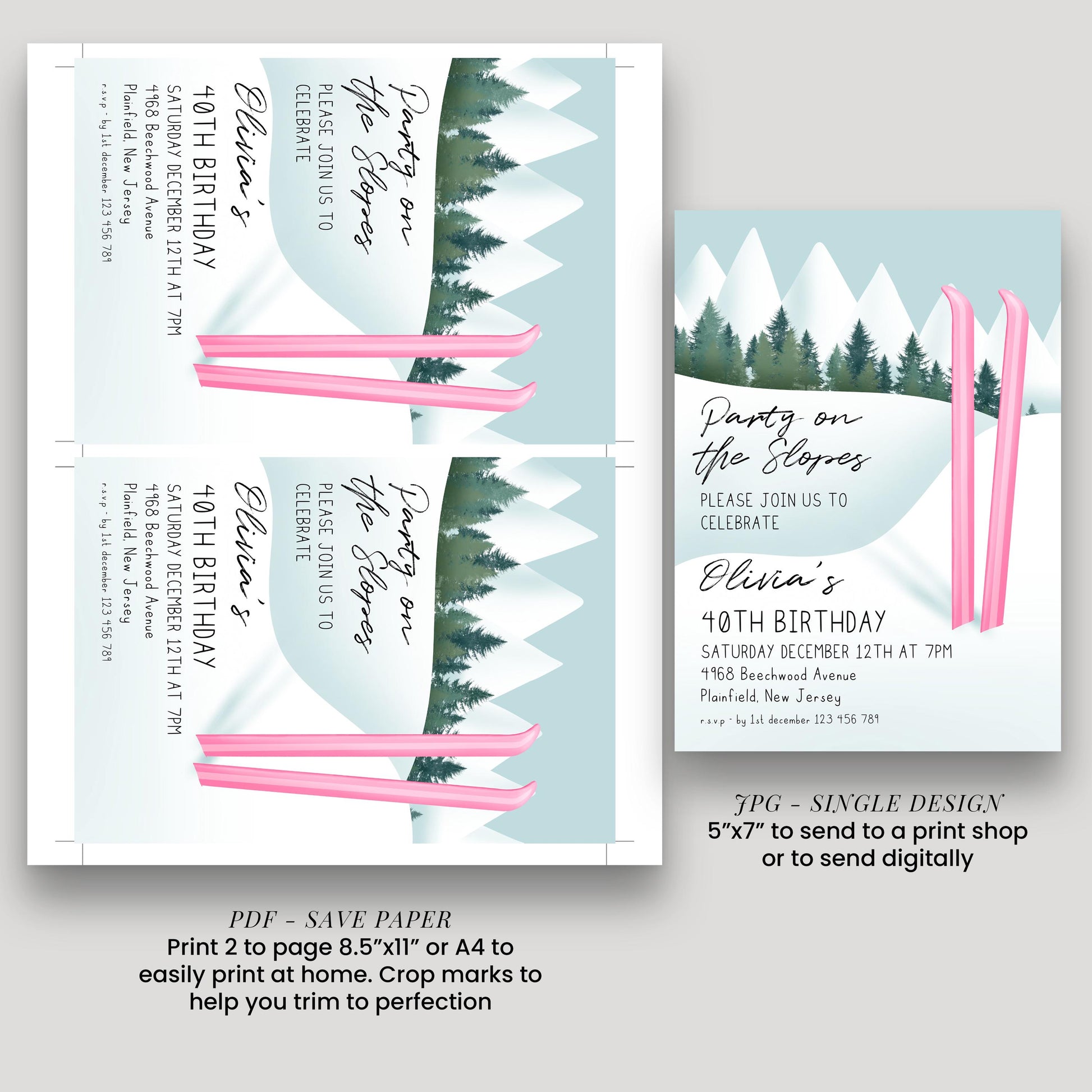 a birthday party invitation for a 40th birthday celebration. The invitation features a winter landscape with pine trees and snow, and it includes details about the party, such as the date, time, location, and RSVP information.