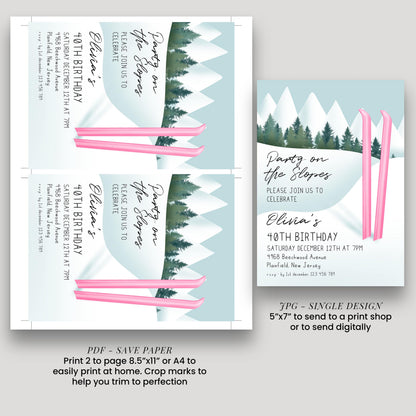 a birthday party invitation for a 40th birthday celebration. The invitation features a winter landscape with pine trees and snow, and it includes details about the party, such as the date, time, location, and RSVP information.