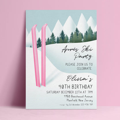 The image is a birthday party invitation for a girl named Olivia's 40th birthday. It features a winter landscape with two pink skis and pine trees, and includes details about the party, such as the date, time, location, and RSVP information.