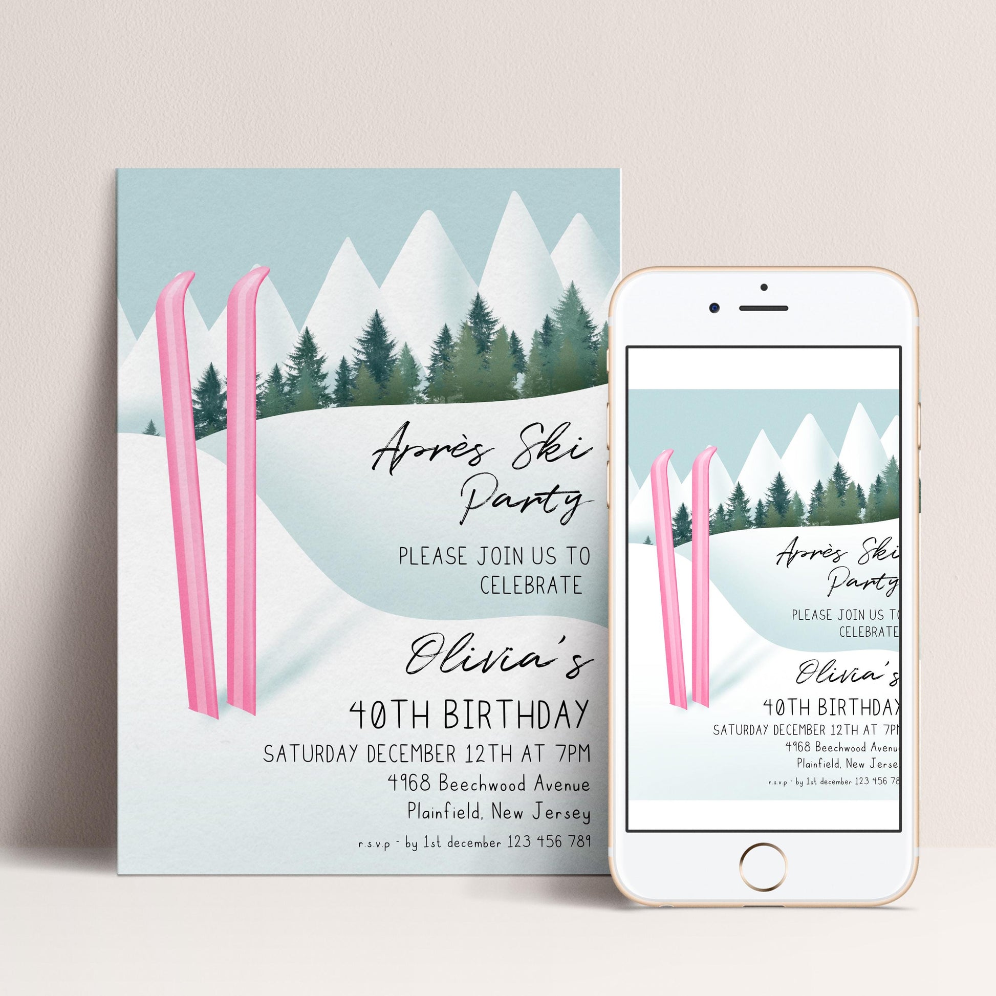 The image is a birthday party invitation for a girl named Olivia celebrating her 40th birthday. The invitation features a winter scene with pink skis and a snowy landscape, and includes details about the party, such as the date, time, location, and RSVP instructions.