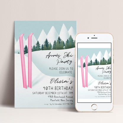 The image is a birthday party invitation for a girl named Olivia celebrating her 40th birthday. The invitation features a winter scene with pink skis and a snowy landscape, and includes details about the party, such as the date, time, location, and RSVP instructions.