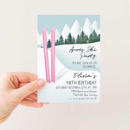 The image is a birthday party invitation for a 40th celebration. It features a winter scene with two pink skis and a snowy mountain landscape. The invitation invites guests to a party on Saturday, December 12th at 7 PM, at the 9th Beachwood Avenue, Plainfield, New Jersey.