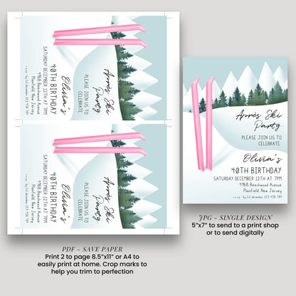 The image is a birthday invitation for a girl named Olivia celebrating her 40th birthday. It features a winter landscape with snow-covered mountains and pine trees, along with pink ski poles. The invitation is designed for a print shop and includes a save paper option for sending to a print shop or digitally.