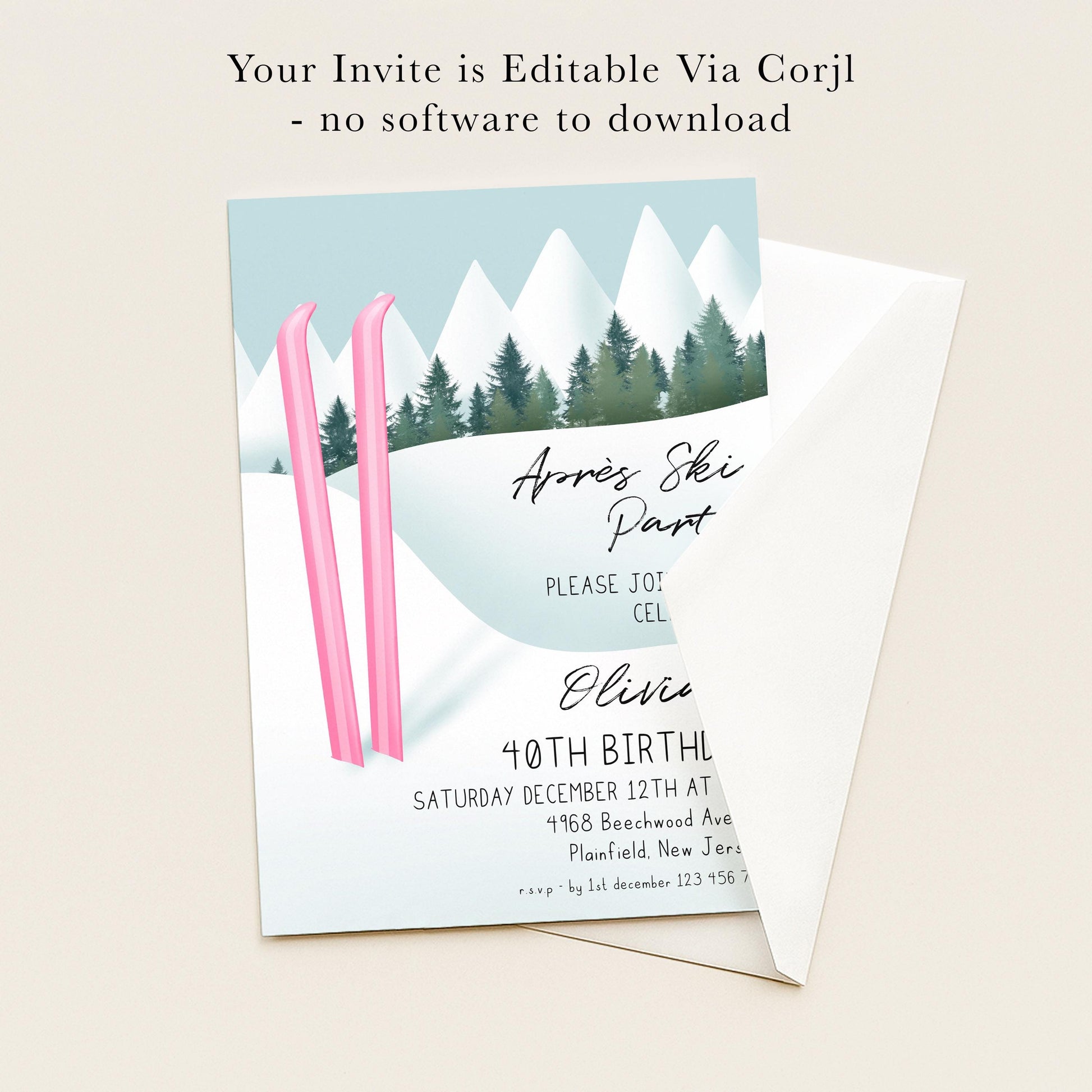 The image is a birthday invitation for a 40th celebration, featuring a snowy mountain landscape with pink skis. The invitation is editable via a computer and does not require any software to download.